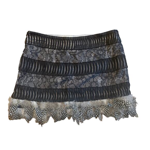 NWT Bebe Vintage Y2K Black Beige Nude Lace Feather Tulle Mesh Silk Mini Skirt 4 - Picture 2 of 5